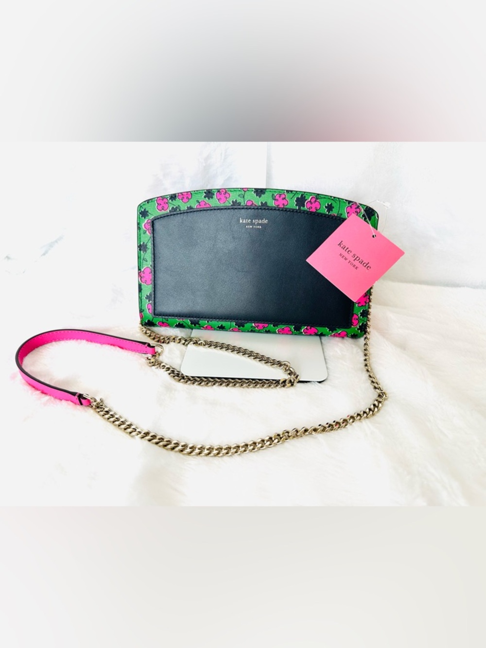 kate spade Black Leather Crossbody with Green and Pink Floral Trim